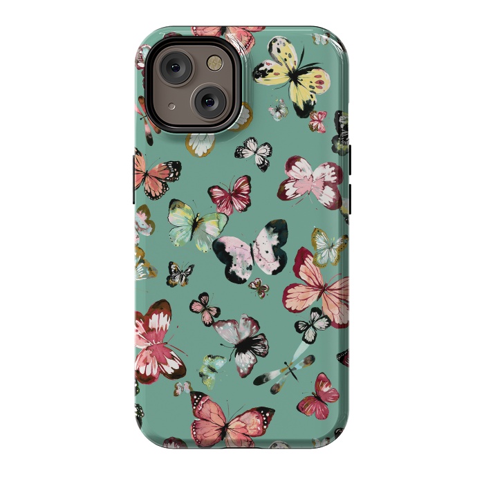 iPhone 14 StrongFit Flying Butterflies Watercolor Teal by Ninola Design