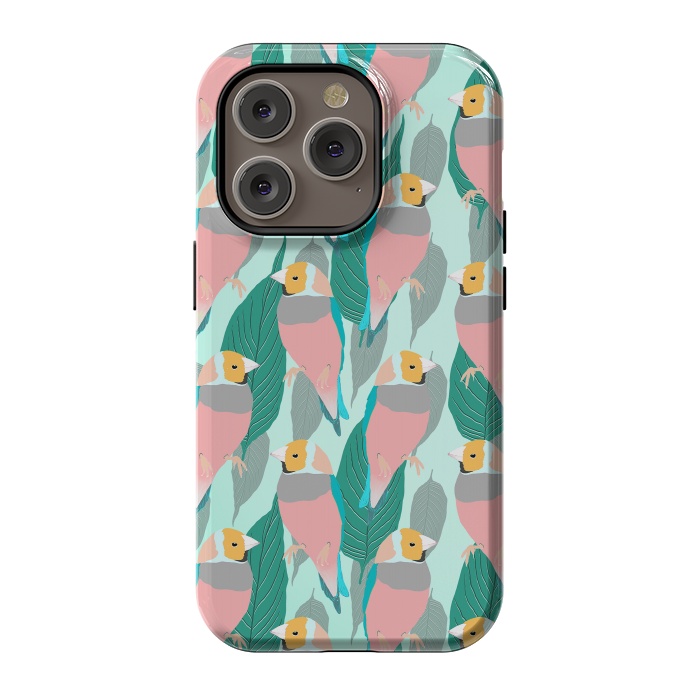 iPhone 14 Pro StrongFit Trendy Pink Rainbow Finch Bird & Green Foliage Design by InovArts