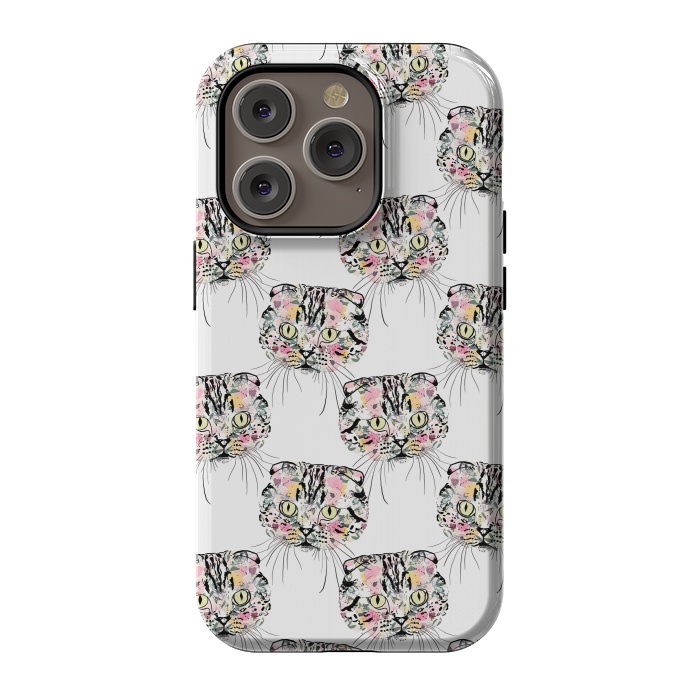 iPhone 14 Pro StrongFit Cute Pink Cat & watercolor flowers Animal Pattern by InovArts