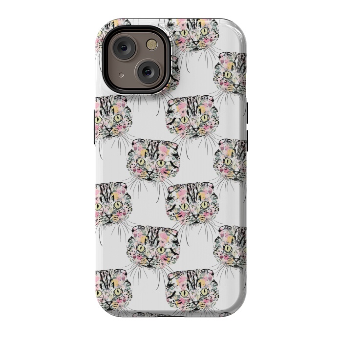 iPhone 14 StrongFit Cute Pink Cat & watercolor flowers Animal Pattern by InovArts