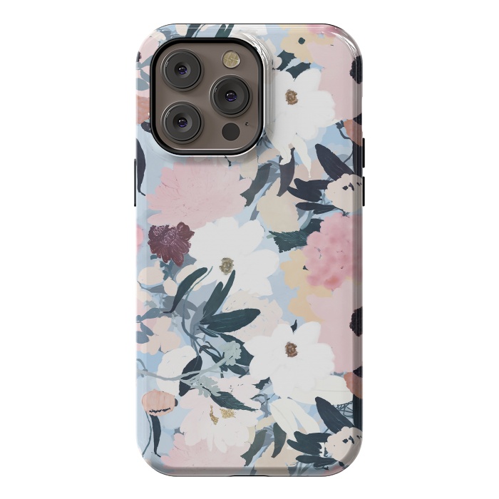 iPhone 14 Pro max StrongFit Pretty Grayish Blue Watercolor Pink & White Floral Design by InovArts