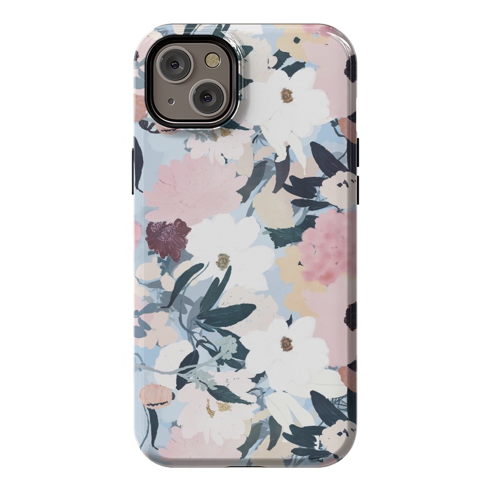 iPhone 14 Plus StrongFit Pretty Grayish Blue Watercolor Pink & White Floral Design by InovArts