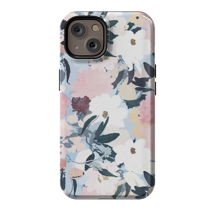 iPhone 14 StrongFit Pretty Grayish Blue Watercolor Pink & White Floral Design by InovArts