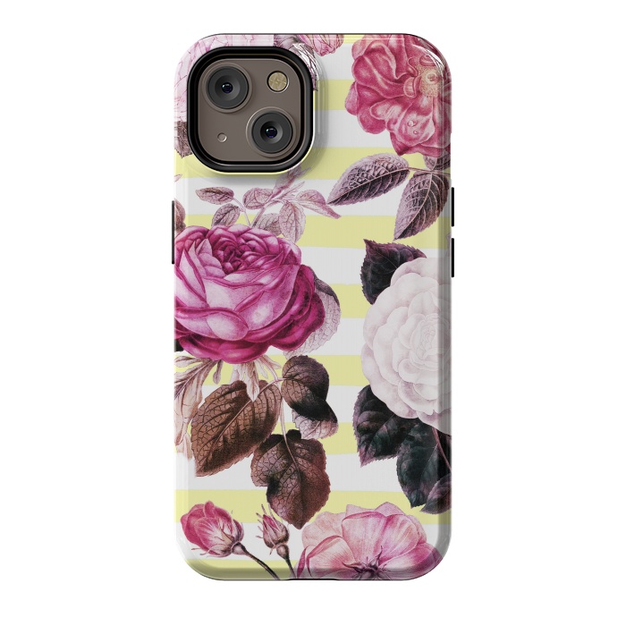 iPhone 14 StrongFit Vintage romantic roses and bright yellow stripes by Oana 