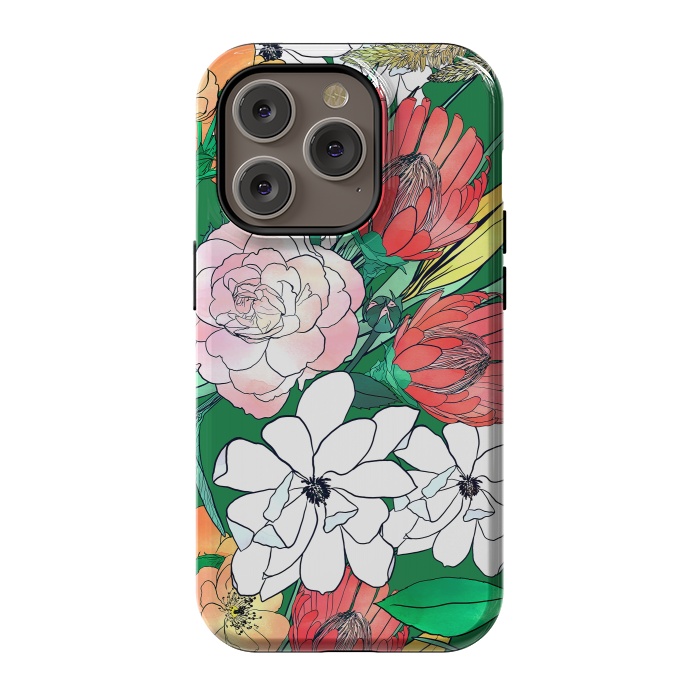 iPhone 14 Pro StrongFit Colorful Hand Drawn Flowers Green Girly Design by InovArts