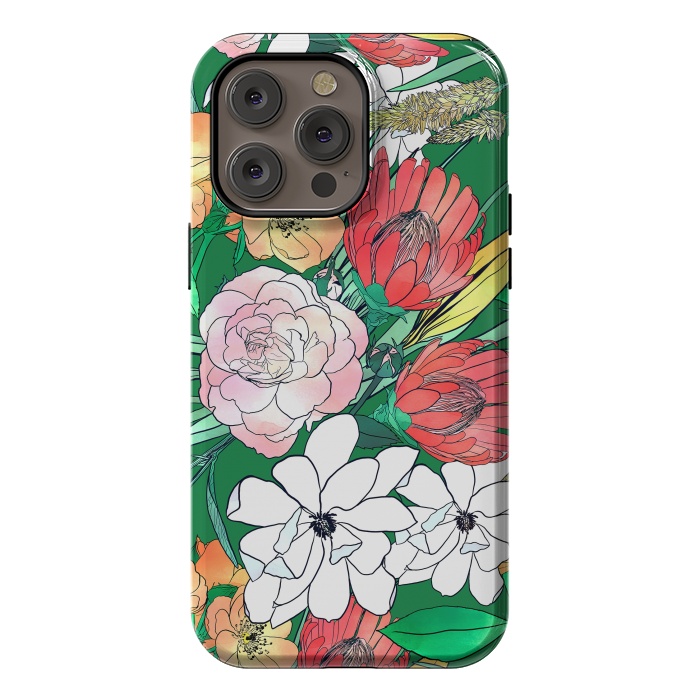iPhone 14 Pro max StrongFit Colorful Hand Drawn Flowers Green Girly Design by InovArts