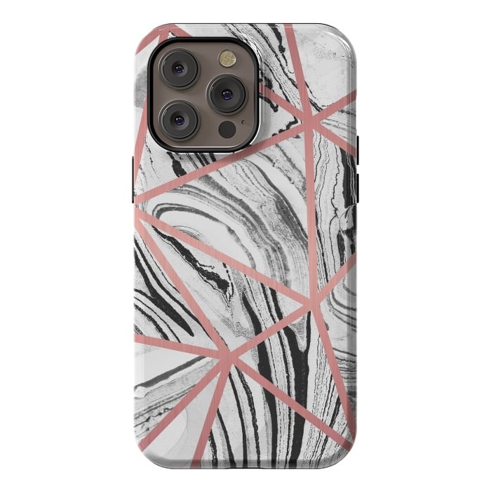 iPhone 14 Pro max StrongFit White marble with black stripes and rose gold triangles by Oana 