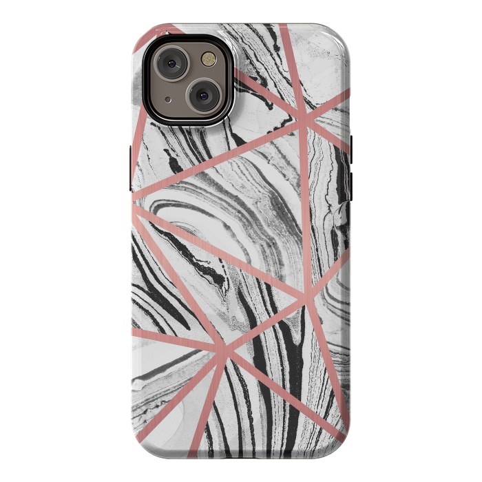 iPhone 14 Plus StrongFit White marble with black stripes and rose gold triangles by Oana 