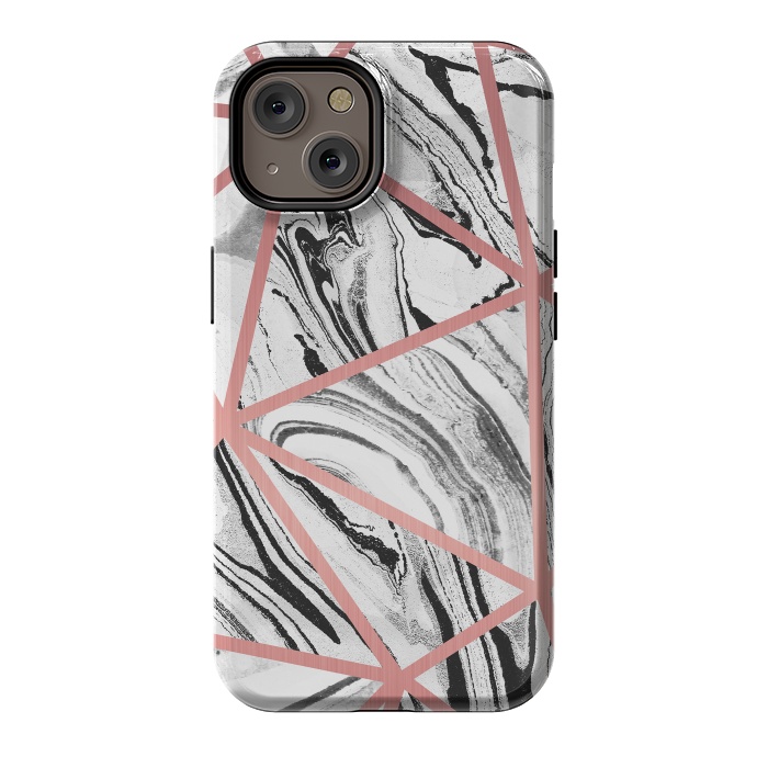 iPhone 14 StrongFit White marble with black stripes and rose gold triangles by Oana 