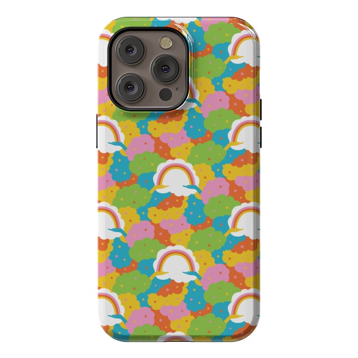 iPhone 14 Pro max StrongFit Rainbows, clouds, hands, We're in This Together repeat pattern in pastels by Portia Monberg