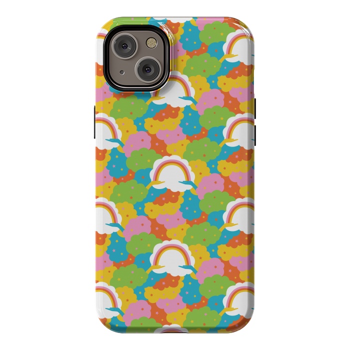 iPhone 14 Plus StrongFit Rainbows, clouds, hands, We're in This Together repeat pattern in pastels by Portia Monberg