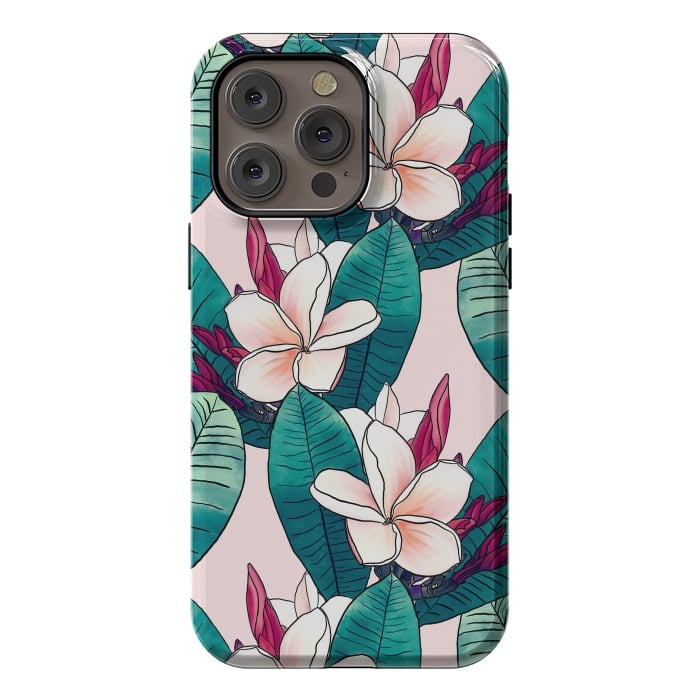 iPhone 14 Pro max StrongFit Trendy Tropical Plumeria Flowers Green Foliage Design by InovArts