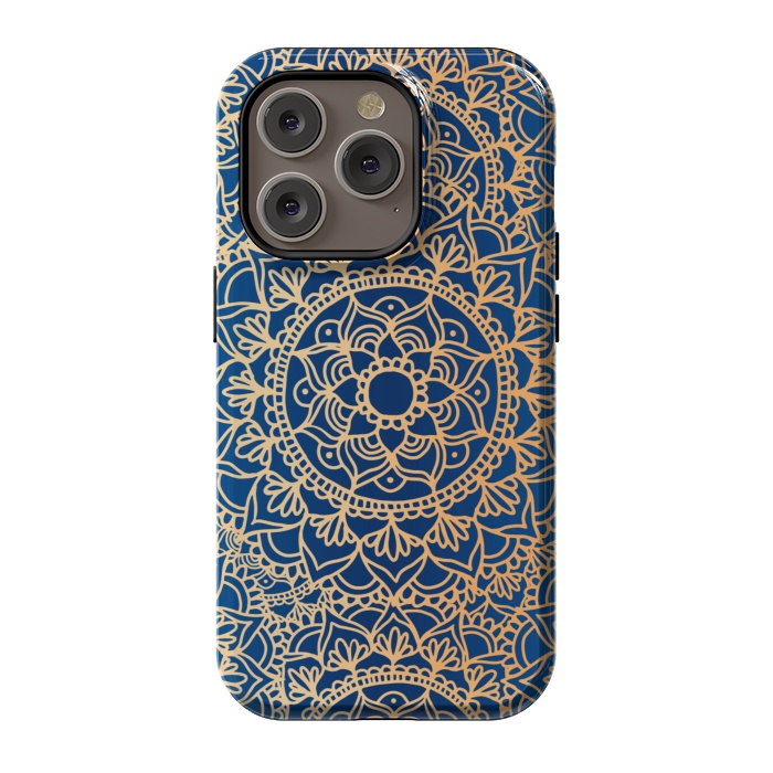iPhone 14 Pro StrongFit Blue and Yellow Mandala Pattern by Julie Erin Designs