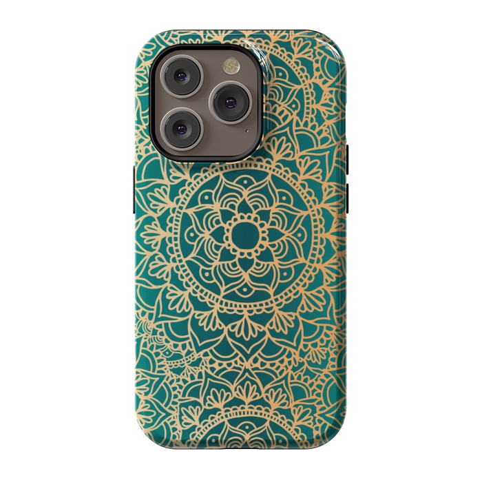 iPhone 14 Pro StrongFit Teal Green and Yellow Mandala Pattern by Julie Erin Designs