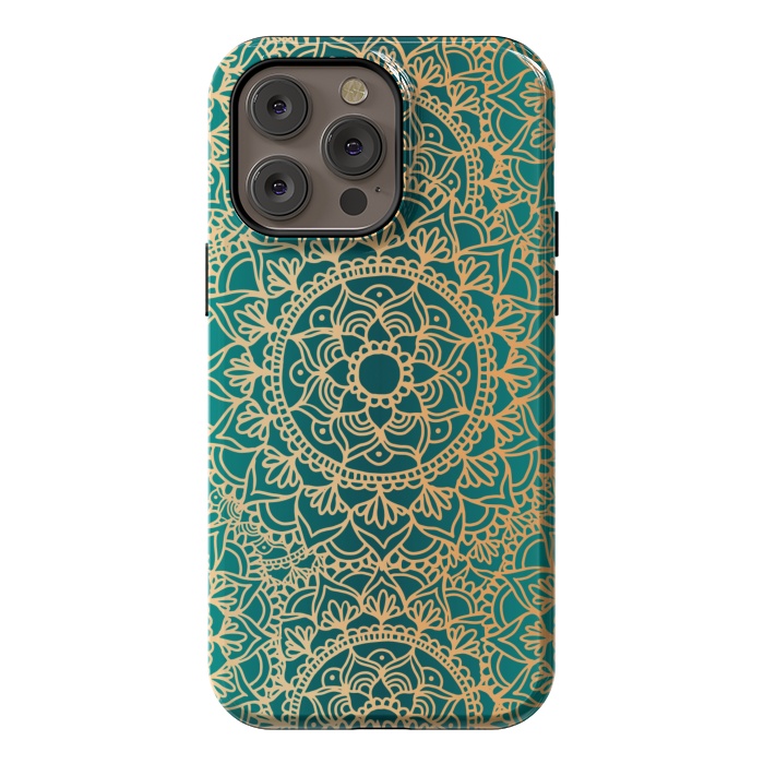 iPhone 14 Pro max StrongFit Teal Green and Yellow Mandala Pattern by Julie Erin Designs