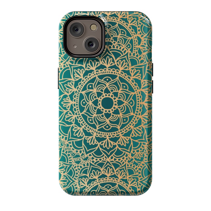 iPhone 14 StrongFit Teal Green and Yellow Mandala Pattern by Julie Erin Designs