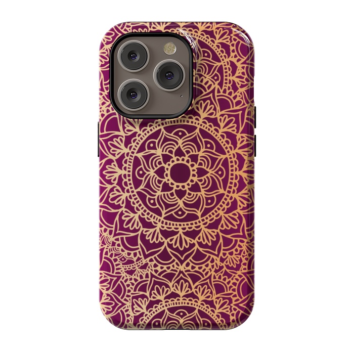 iPhone 14 Pro StrongFit Pink and Yellow Mandala Pattern by Julie Erin Designs