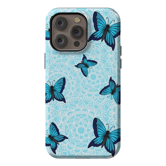 iPhone 14 Pro max StrongFit Blue Butterfly Mandala Pattern by Julie Erin Designs