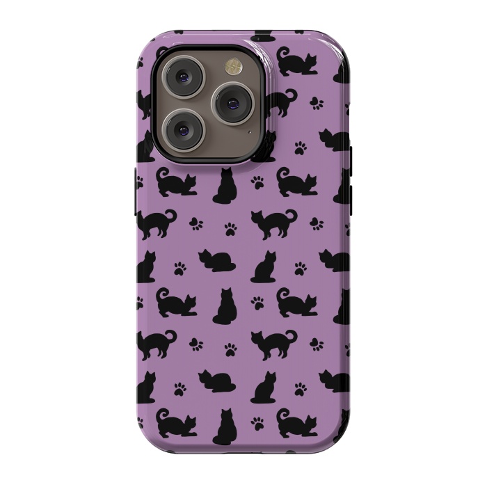 iPhone 14 Pro StrongFit Black and Purple Cats and Paw Prints Pattern by Julie Erin Designs