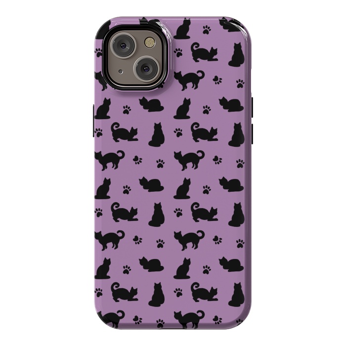 iPhone 14 Plus StrongFit Black and Purple Cats and Paw Prints Pattern by Julie Erin Designs