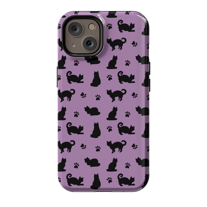 iPhone 14 StrongFit Black and Purple Cats and Paw Prints Pattern by Julie Erin Designs