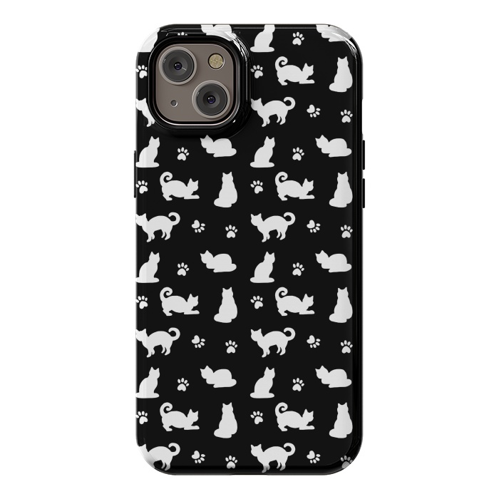 iPhone 14 Plus StrongFit Black and White Cats and Paw Prints Pattern by Julie Erin Designs