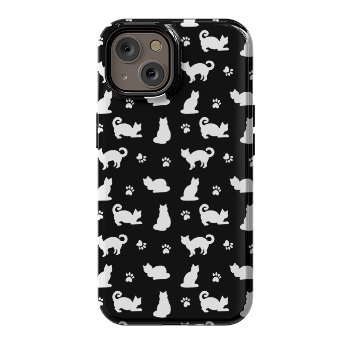 iPhone 14 StrongFit Black and White Cats and Paw Prints Pattern by Julie Erin Designs