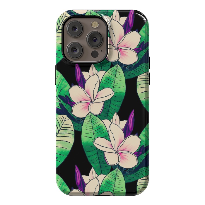 iPhone 14 Pro max StrongFit Stylish Plumeria Flower Tropical Green Foliage Design by InovArts