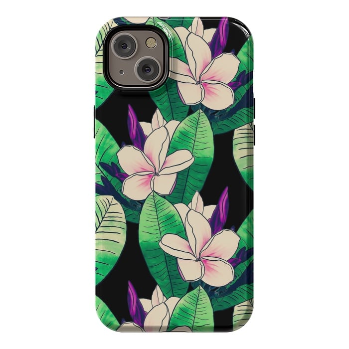 iPhone 14 Plus StrongFit Stylish Plumeria Flower Tropical Green Foliage Design by InovArts