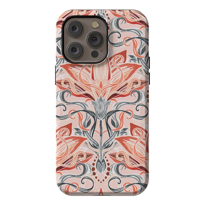 iPhone 14 Pro max StrongFit Coral and Grey Watercolor Art Nouveau Aloe by Micklyn Le Feuvre