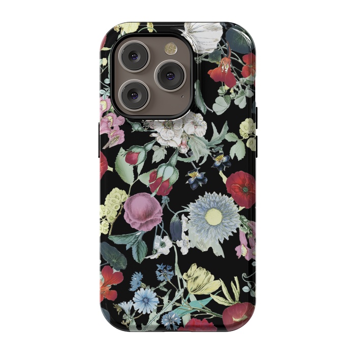 iPhone 14 Pro StrongFit Vintage flower garden - rich colors on black by Oana 