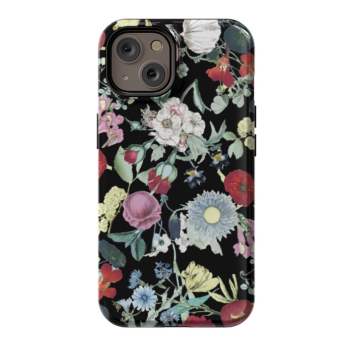 iPhone 14 StrongFit Vintage flower garden - rich colors on black by Oana 