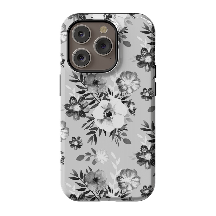 iPhone 14 Pro StrongFit Black and white ink painted flowers by Oana 