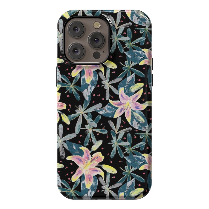 iPhone 14 Pro max StrongFit Painted flowers and tropical leaves - dark green by Oana 