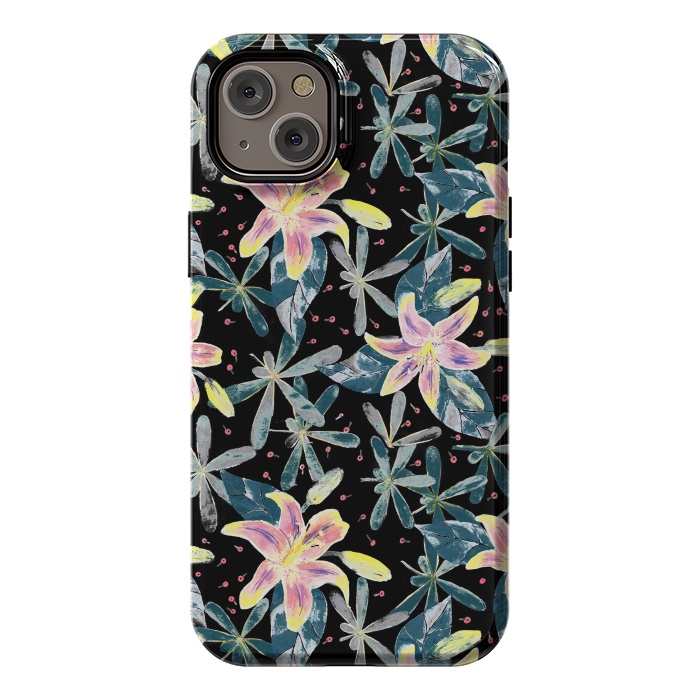 iPhone 14 Plus StrongFit Painted flowers and tropical leaves - dark green by Oana 
