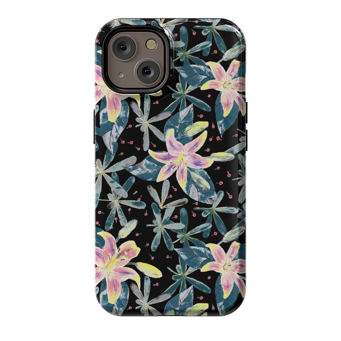 iPhone 14 StrongFit Painted flowers and tropical leaves - dark green by Oana 