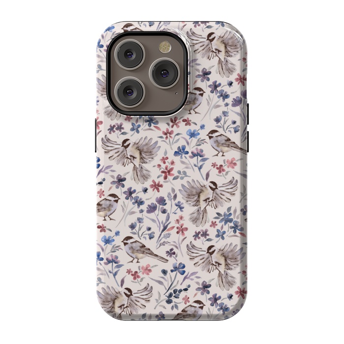 iPhone 14 Pro StrongFit Chickadees and Wildflowers on Cream by Micklyn Le Feuvre
