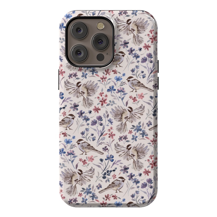 iPhone 14 Pro max StrongFit Chickadees and Wildflowers on Cream by Micklyn Le Feuvre