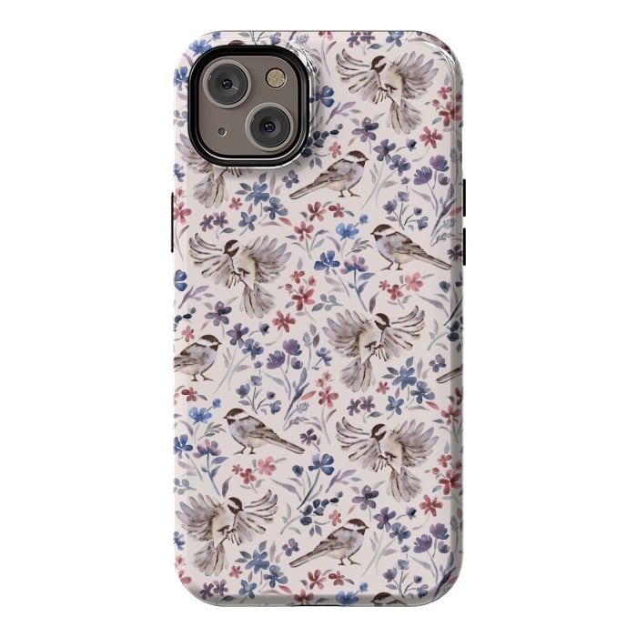 iPhone 14 Plus StrongFit Chickadees and Wildflowers on Cream by Micklyn Le Feuvre