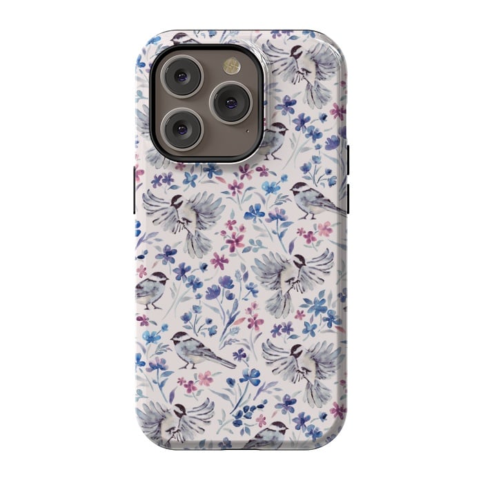 iPhone 14 Pro StrongFit Chickadees and Wildflowers in lavender blues on cream by Micklyn Le Feuvre