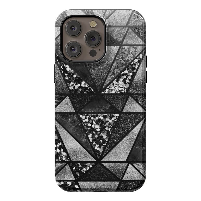 iPhone 14 Pro max StrongFit Black and silver glitter sparkle triangles by Oana 