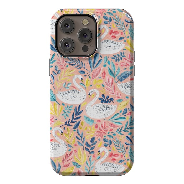 iPhone 14 Pro max StrongFit Whimsical White Swans and Colorful Leaves on Pale Peach Pink by Micklyn Le Feuvre
