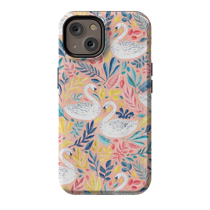 iPhone 14 StrongFit Whimsical White Swans and Colorful Leaves on Pale Peach Pink by Micklyn Le Feuvre