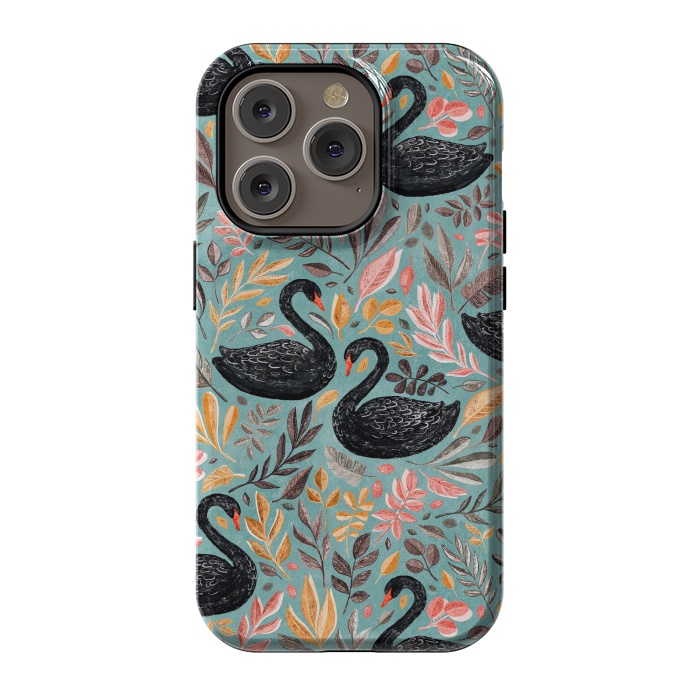 iPhone 14 Pro StrongFit Bonny Black Swans with Autumn Leaves on Sage by Micklyn Le Feuvre