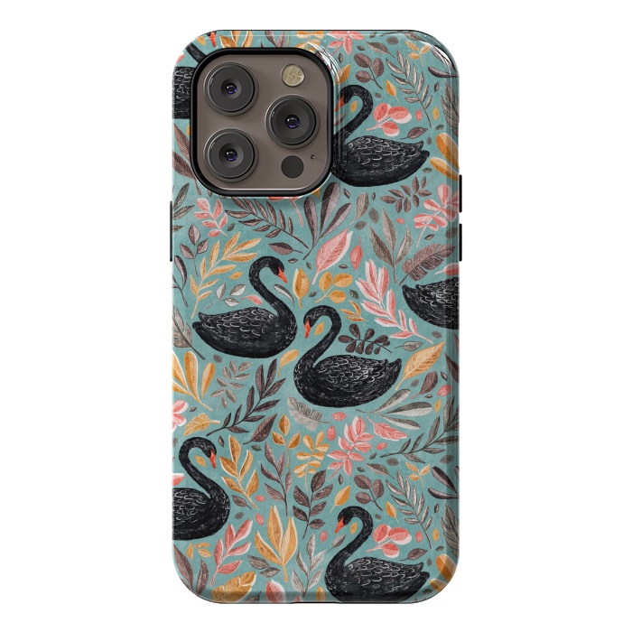 iPhone 14 Pro max StrongFit Bonny Black Swans with Autumn Leaves on Sage by Micklyn Le Feuvre