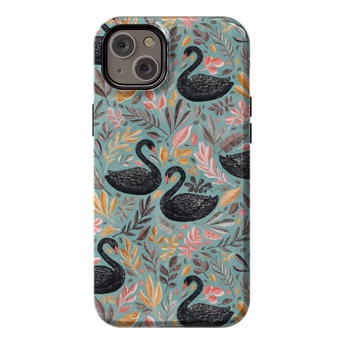 iPhone 14 Plus StrongFit Bonny Black Swans with Autumn Leaves on Sage by Micklyn Le Feuvre