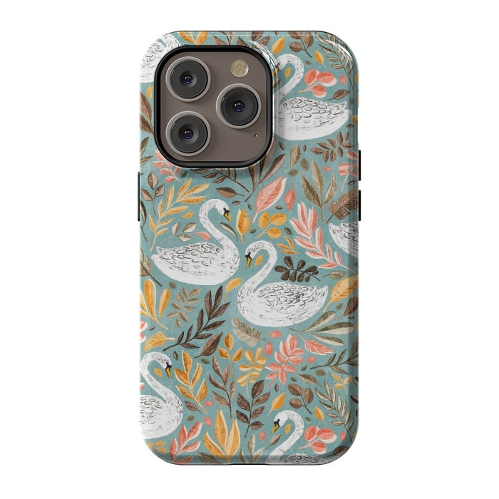 iPhone 14 Pro StrongFit Whimsical White Swans with Autumn Leaves on Sage by Micklyn Le Feuvre