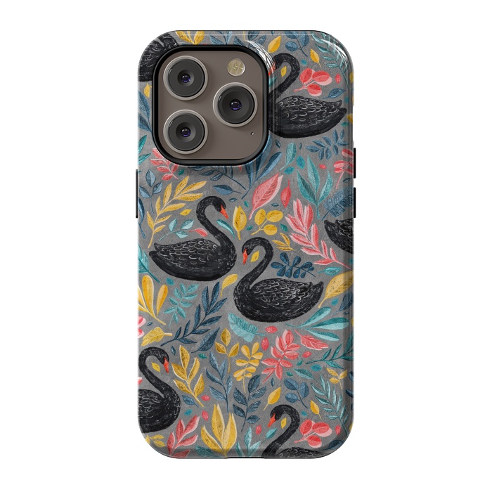 iPhone 14 Pro StrongFit Bonny Black Swans with Lots of Leaves on Grey by Micklyn Le Feuvre