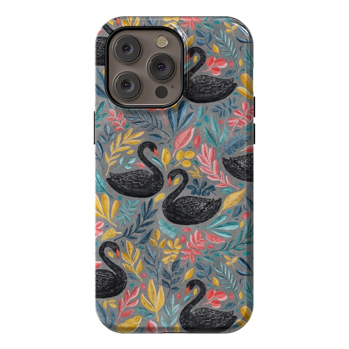 iPhone 14 Pro max StrongFit Bonny Black Swans with Lots of Leaves on Grey by Micklyn Le Feuvre