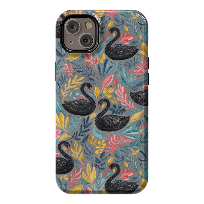 iPhone 14 Plus StrongFit Bonny Black Swans with Lots of Leaves on Grey by Micklyn Le Feuvre